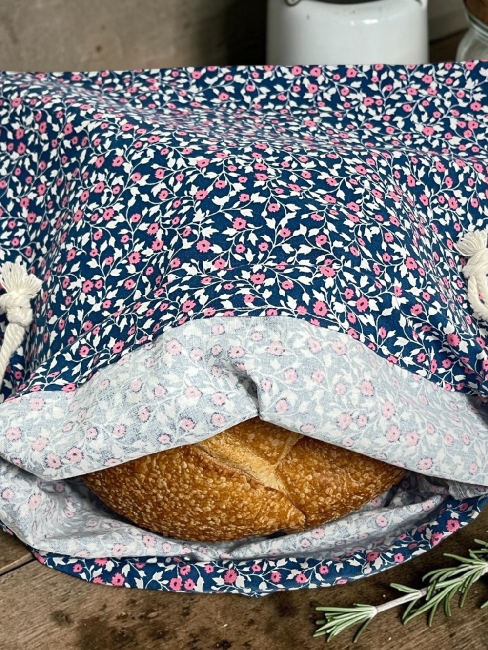 Pink & Blue Tiny Floral Cotton Bread Bag |  Reusable Sourdough Storage
